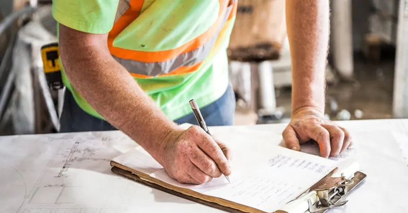 Responsable chantier renseignant une checklist de prévention sur un clipboard.